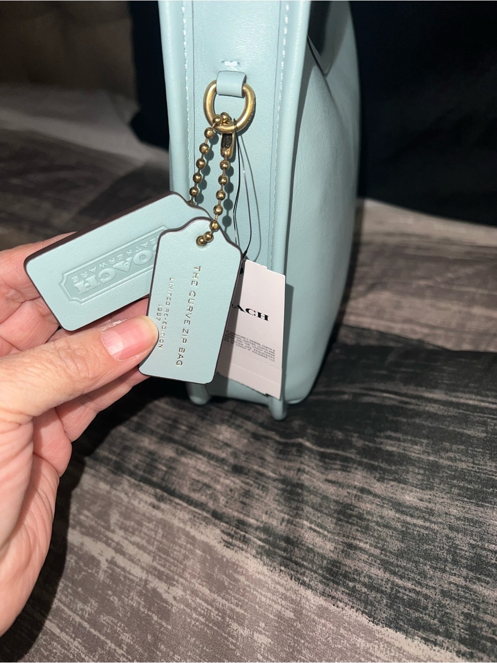 Coach Curvz Zip Bag in Pale Blue with Gold Hardware